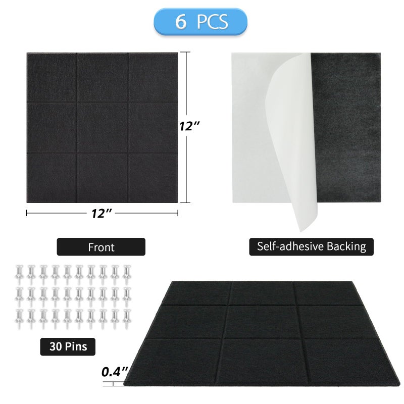 BXI Felt Bulletin Board - 12 X 12 X 3/8 Inches 6 Pcs Self-Adhesive Poster Cork Board with 30 Push Pins, Thick Pin Tiles Display Vision Board, Photo Picture Panels for Home Office Classroom Walls - Image 2